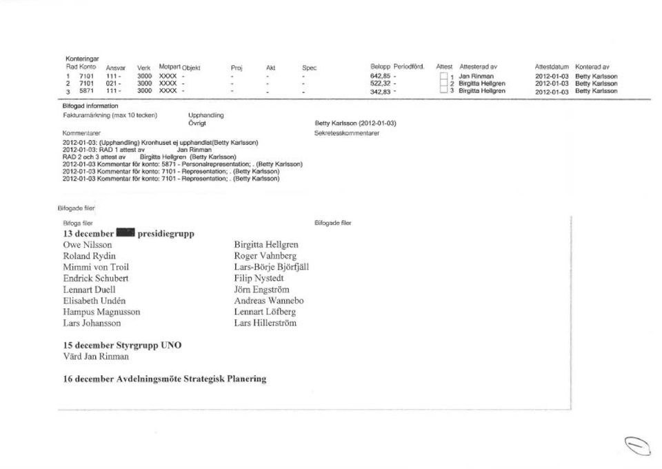 ej upphandat(betty Karsson) 2012-01-03: RAD 1 attest av Jan Rinman RAD 2 och 3 attest av Birgitta Hegren (Betty Karsson) 2012-01-03 Kommentar för konto: 5871 - Personarepresentation;.