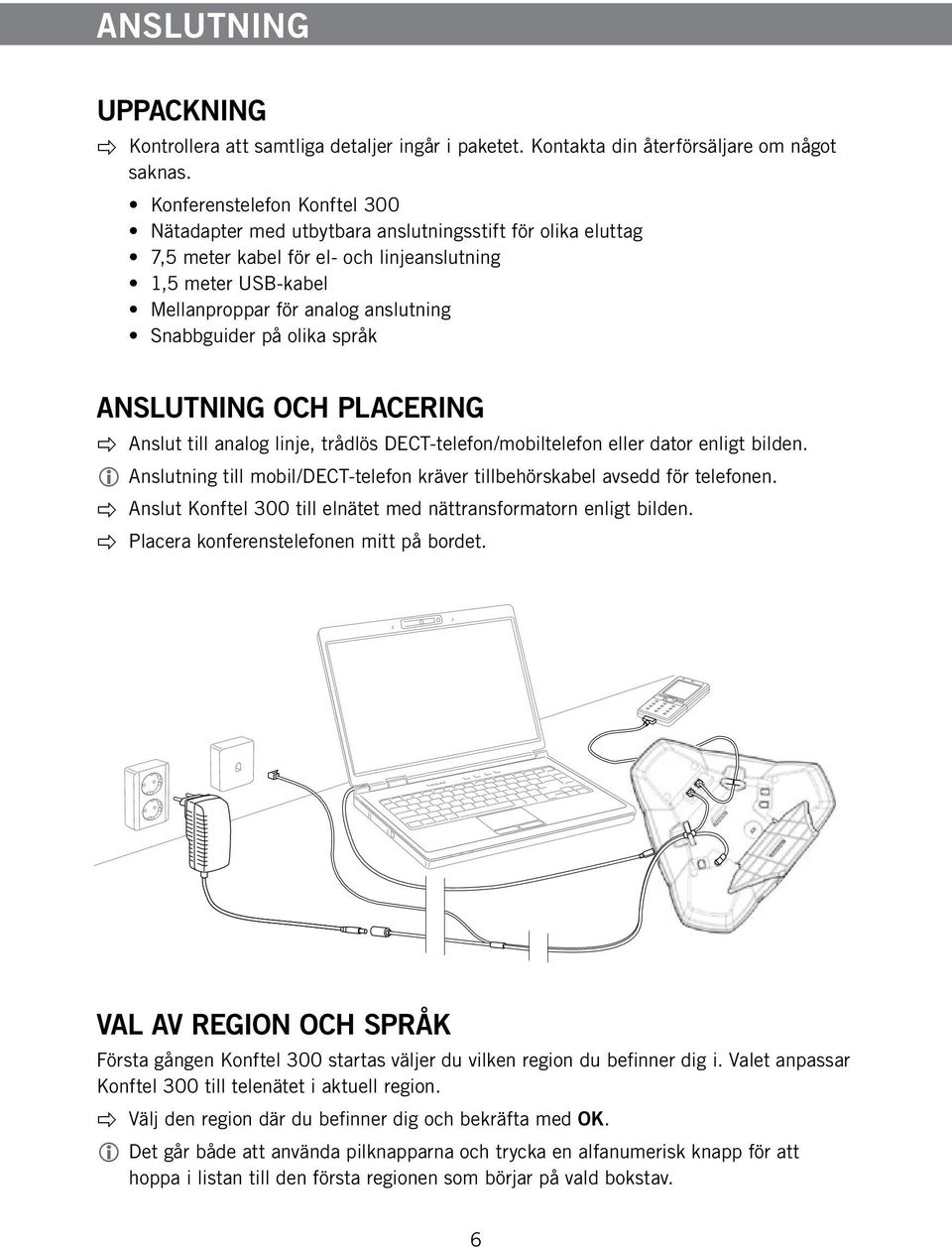 Snabbguider på olika språk ANSLUTNING OCH PLACERING Anslut till analog linje, trådlös DECT-telefon/mobiltelefon eller dator enligt bilden.