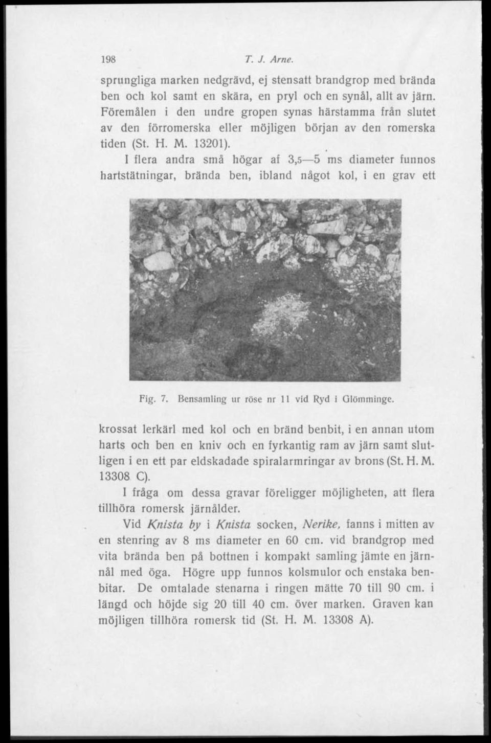 I flera andra små högar af 3,5 5 ms diameter funnos hartstätningar, brända ben, ibland något kol, i en grav ett Fig. 7. Bensamling ur röse nr 11 vid Ryd i Glömminge.