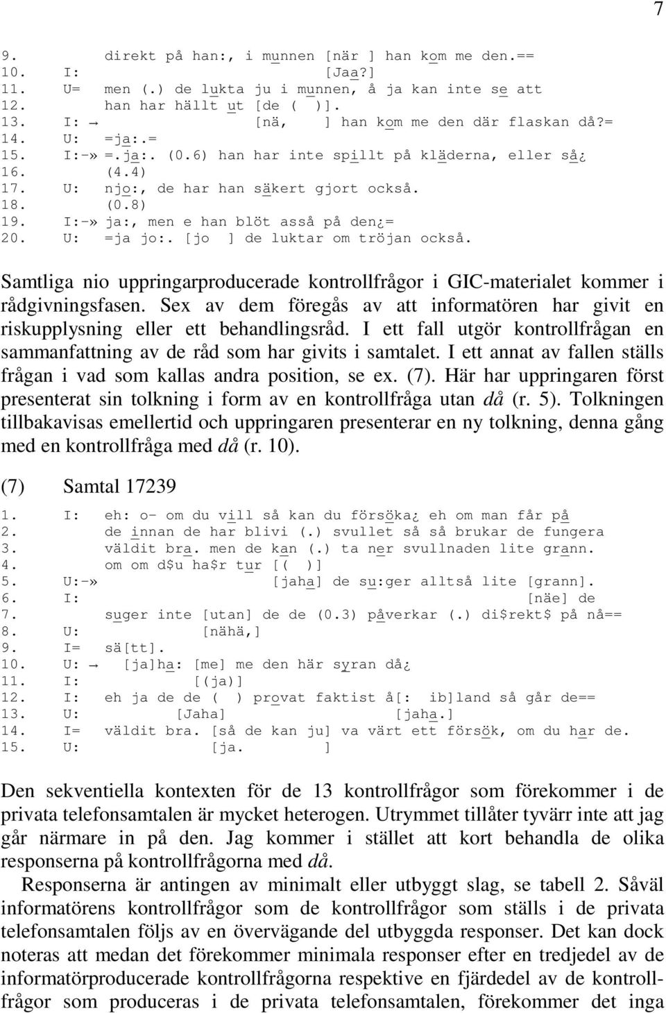 I:-» ja:, men e han blöt asså på den = 20. U: =ja jo:. [jo ] de luktar om tröjan också. Samtliga nio uppringarproducerade kontrollfrågor i GIC-materialet kommer i rådgivningsfasen.