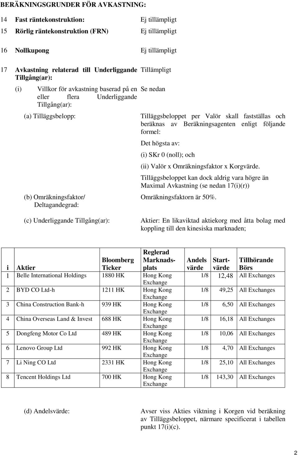 Beräkningsagenten enligt följande formel: Det högsta av: (i) SKr 0 (noll); och (ii) Valör x Omräkningsfaktor x Korgvärde.