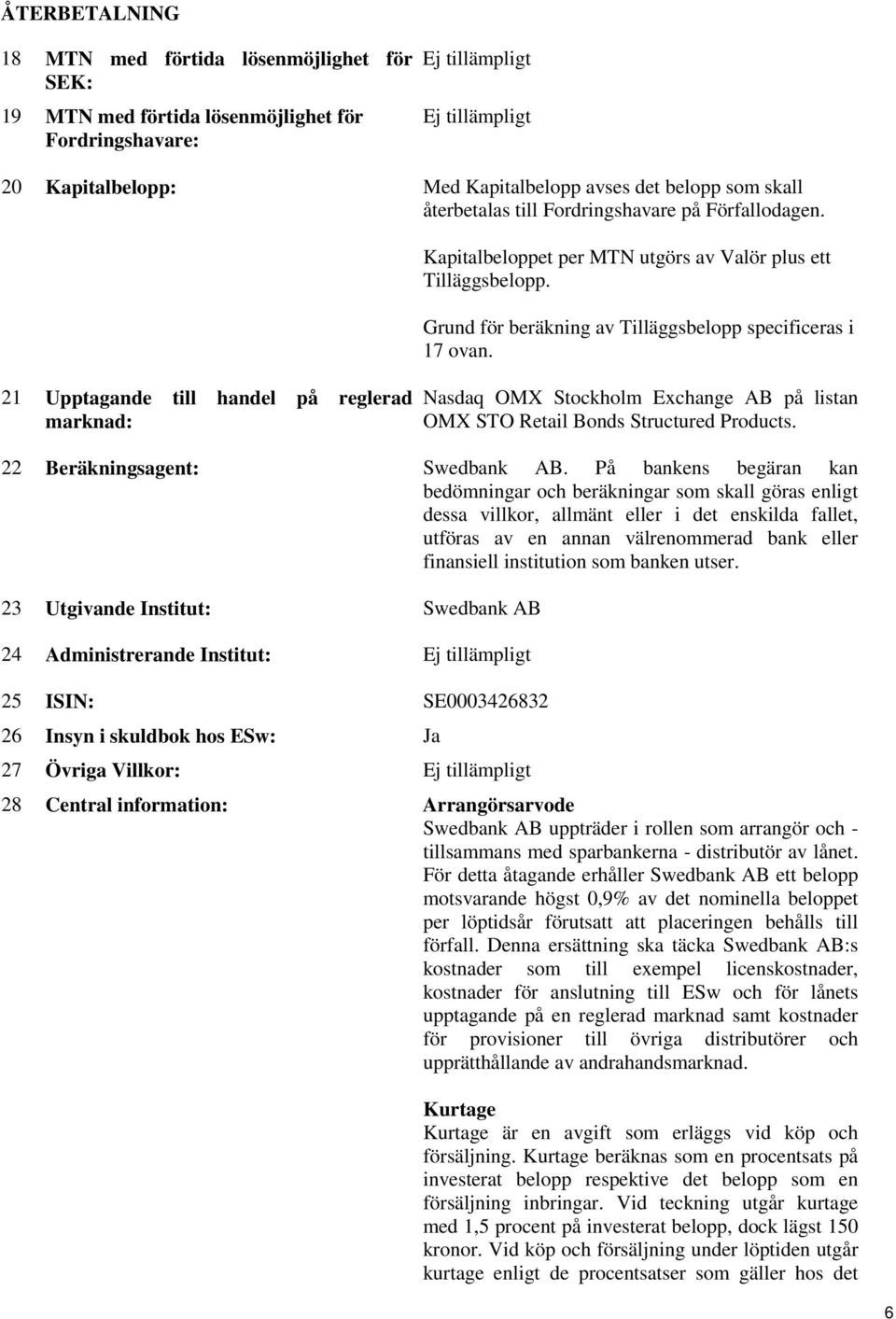 Grund för beräkning av Tilläggsbelopp specificeras i 17 ovan. Nasdaq OMX Stockholm AB på listan OMX STO Retail Bonds Structured Products. 22 Beräkningsagent: Swedbank AB.