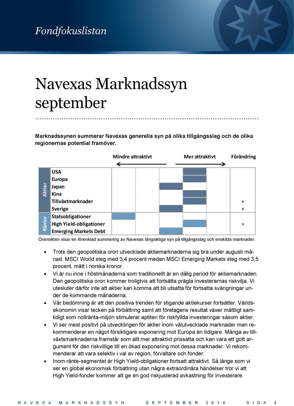 summering av Navexas långsiktiga syn på tillgångsslag och enskilda marknader. Trots den geopolitiska oron utvecklade aktiemarknaderna sig bra under augusti månad.