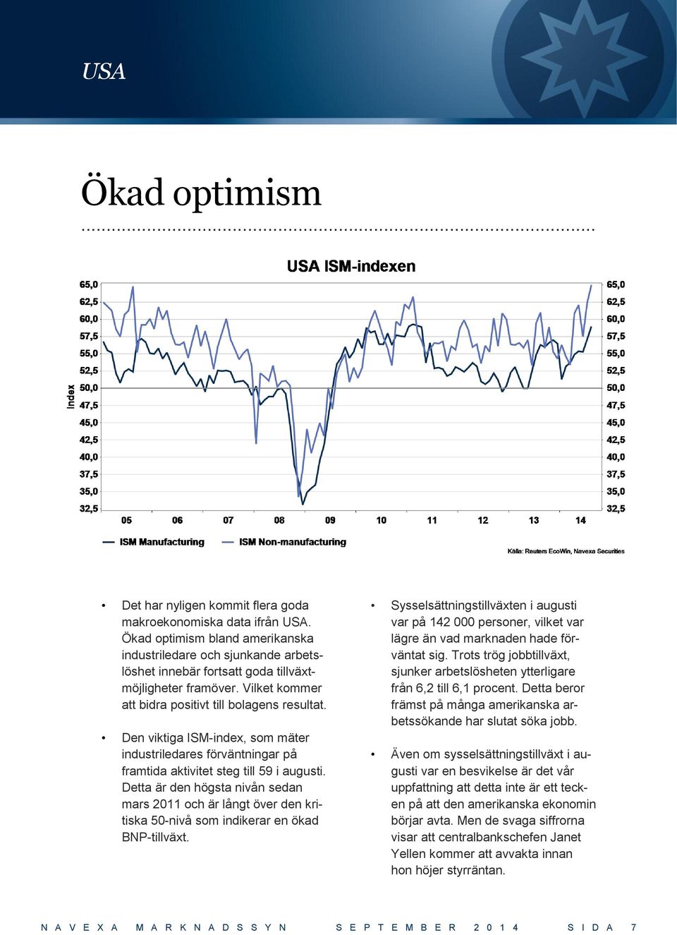 Den viktiga ISM-index, som mäter industriledares förväntningar på framtida aktivitet steg till 59 i augusti.