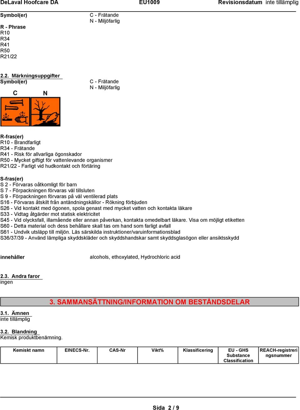 R21/22 - Farligt vid hudkontakt och förtäring S-fras(er) S 2 - Förvaras oåtkomligt för barn S 7 - Förpackningen förvaras väl tillsluten S 9 - Förpackningen förvaras på väl ventilerad plats S16 -