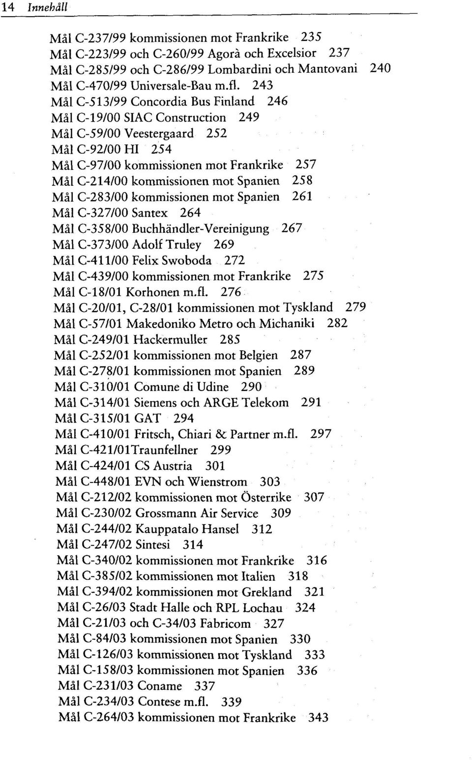 Spanien 258 Mal C-283/00 kommissionen mot Spanien 261 Mal C-327/00 Santex 264 Mal C-358/00 Buchhändler-Vereinigung 267 Mal C-373/00 Adolf Truley 269 Mal C-411/00 Felix Swoboda 272 Mal C-439/00