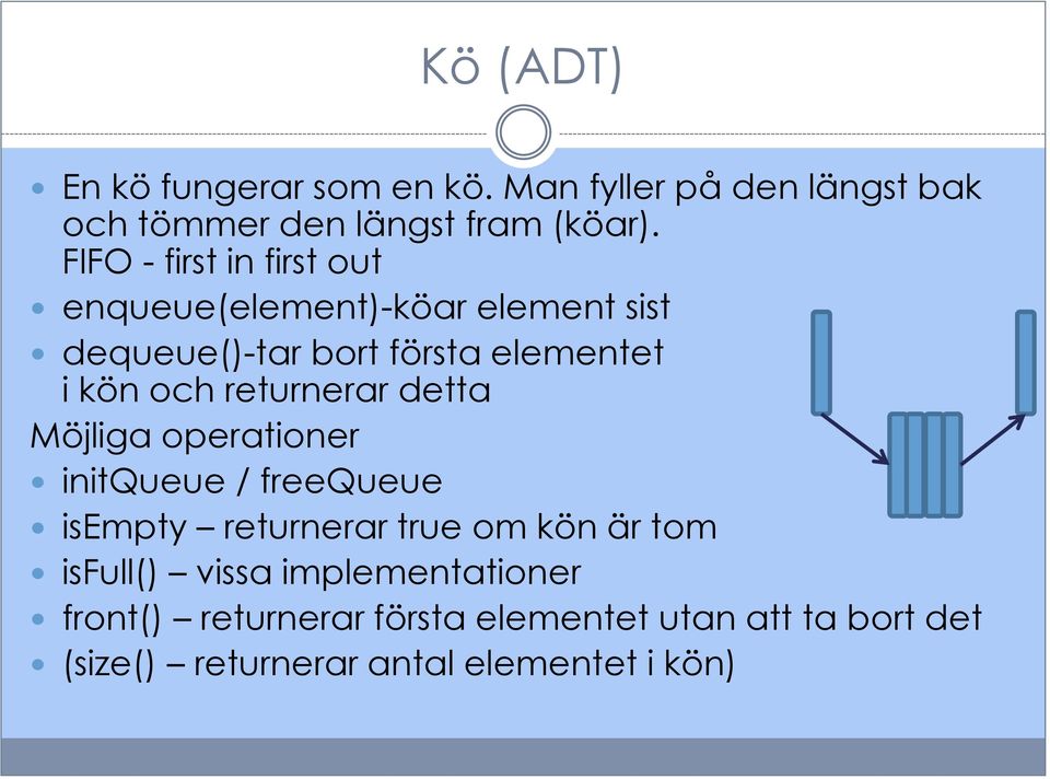 returnerar detta Möjliga operationer initqueue / freequeue isempty returnerar true om kön är tom isfull()