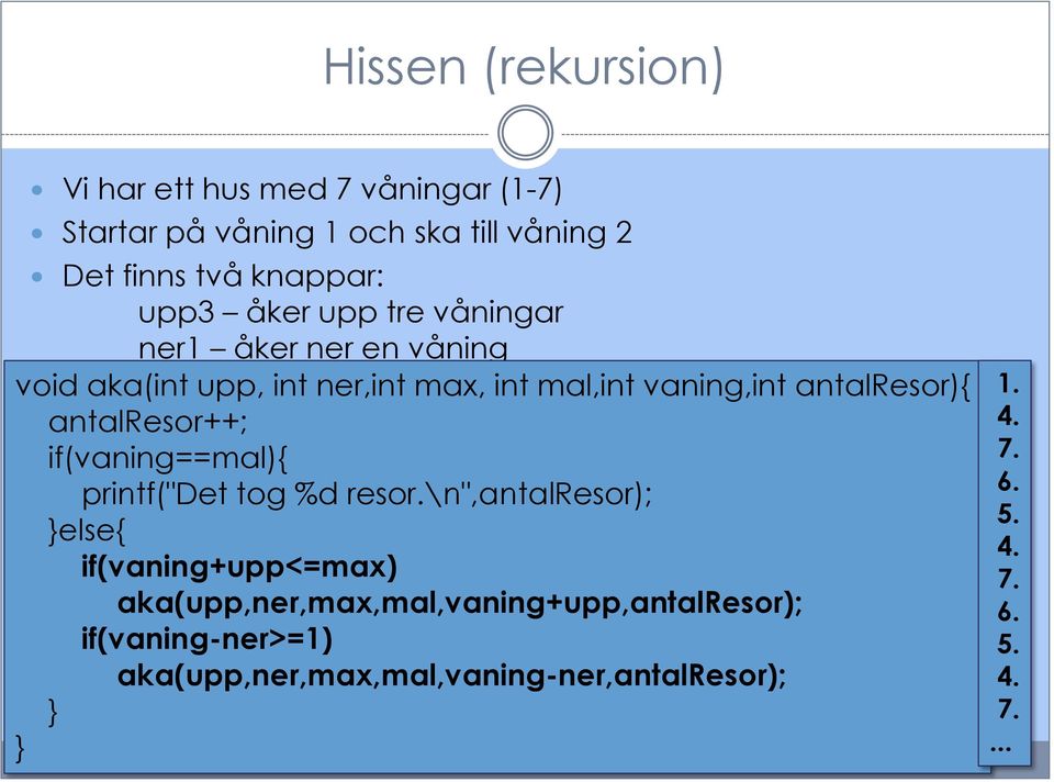 antalresor++; if(vaning==mal){ printf("det tog %d resor.