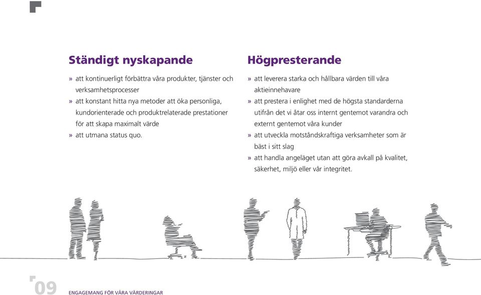 Högpresterande» att leverera starka och hållbara värden till våra aktieinnehavare» att prestera i enlighet med de högsta standarderna utifrån det vi åtar oss internt