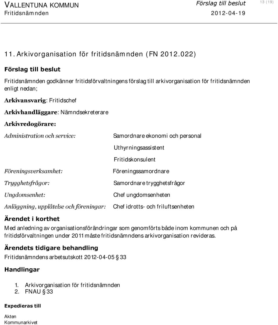 Arkivredogörare: Administration och service: Samordnare ekonomi och personal Uthyrningsassistent Fritidskonsulent Föreningsverksamhet: Trygghetsfrågor: Ungdomsenhet: Anläggning, upplåtelse och