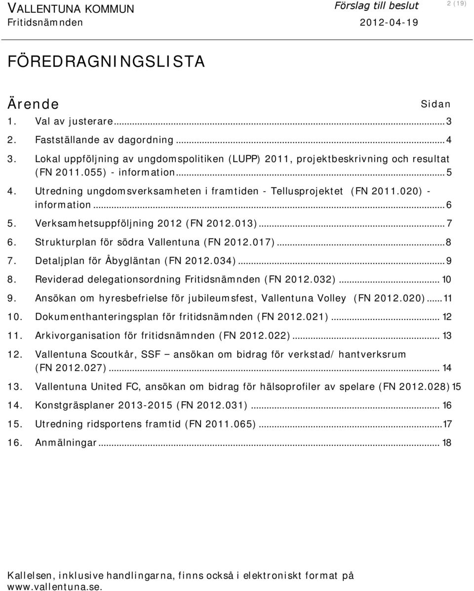 020) - information... 6 5. Verksamhetsuppföljning 2012 (FN 2012.013)... 7 6. Strukturplan för södra Vallentuna (FN 2012.017)... 8 7. Detaljplan för Åbygläntan (FN 2012.034)... 9 8.