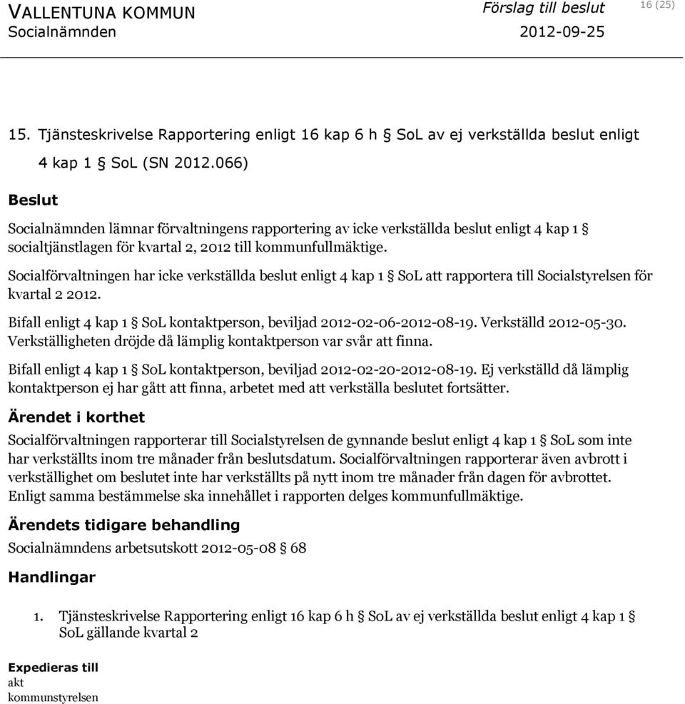 Socialförvaltningen har icke verkställda beslut enligt 4 kap 1 SoL att rapportera till Socialstyrelsen för kvartal 2 2012. Bifall enligt 4 kap 1 SoL kontaktperson, beviljad 2012-02-06-2012-08-19.