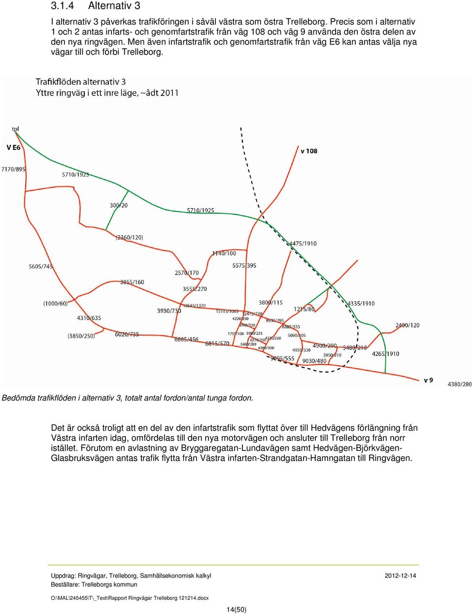 Men även infartstrafik och genomfartstrafik från väg E6 kan antas välja nya vägar till och förbi Trelleborg. Bedömda trafikflöden i alternativ 3, totalt antal fordon/antal tunga fordon.