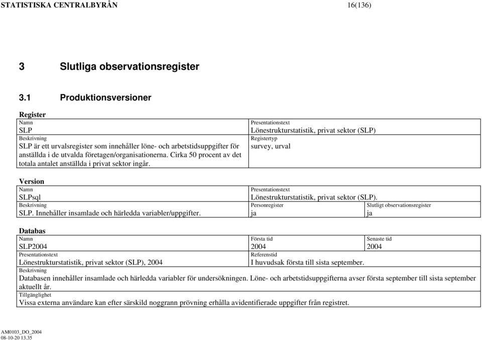 Cirka 50 procent av det totala antalet anställda i privat sektor ingår. Version Namn SLPsql Beskrivning SLP. Innehåller insamlade och härledda variabler/uppgifter.