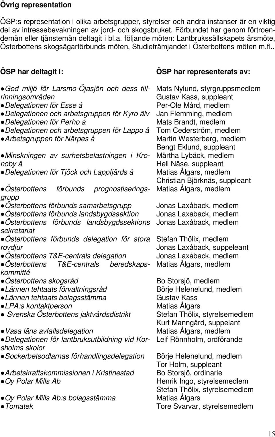 . ÖSP har deltagit i: ÖSP har representerats av: God miljö för Larsmo-Öjasjön och dess tillrinningsområden Mats Nylund, styrgruppsmedlem Gustav Kass, suppleant Delegationen för Esse å Per-Ole Mård,