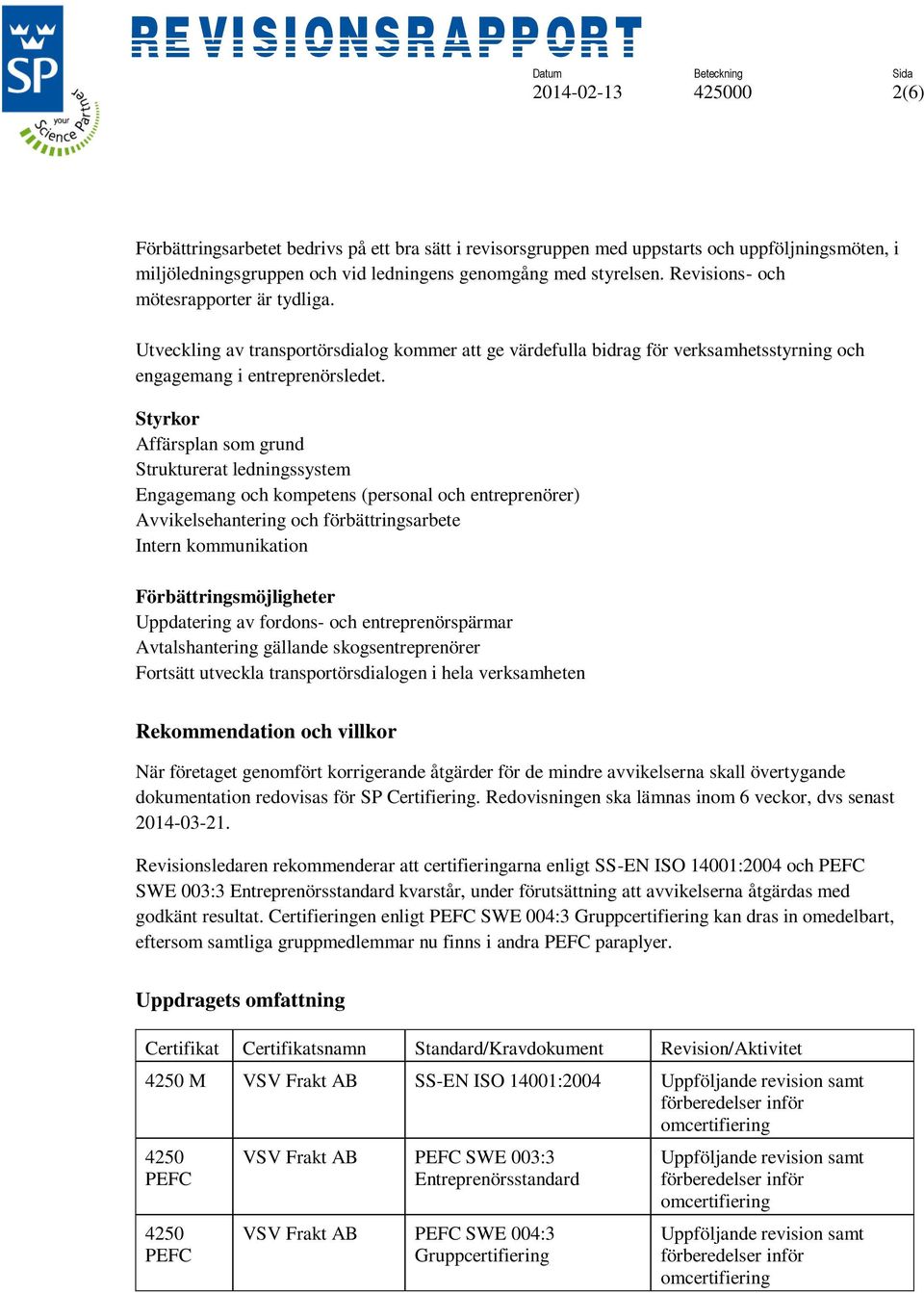 Styrkor Affärsplan som grund Strukturerat ledningssystem Engagemang och kompetens (personal och entreprenörer) Avvikelsehantering och förbättringsarbete Intern kommunikation Förbättringsmöjligheter