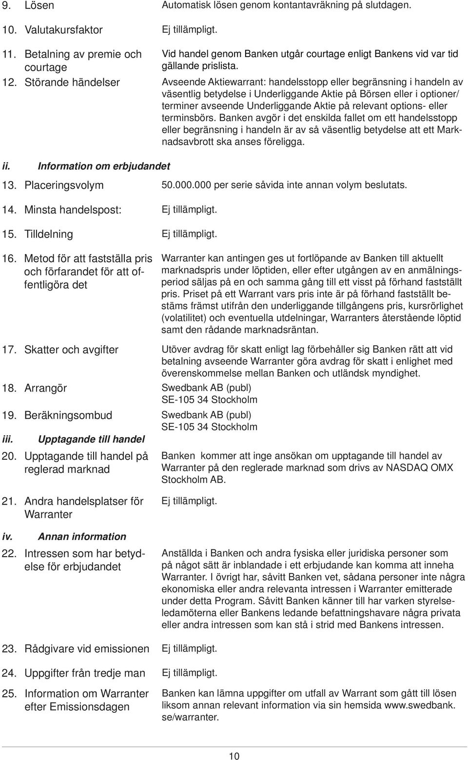 Avseende Aktiewarrant: handelsstopp eller begränsning i handeln av väsentlig betydelse i Underliggande Aktie på Börsen eller i optioner/ terminer avseende Underliggande Aktie på relevant options-