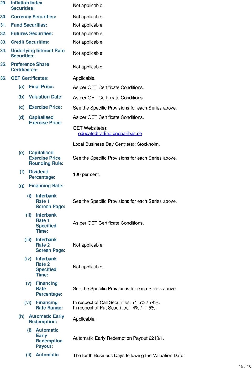 (b) Valuation Date: (c) Exercise Price: (d) Capitalised Exercise Price: (e) Capitalised Exercise Price Rounding Rule: (f) Dividend Percentage: (g) Financing Rate: (i) Interbank Rate Screen Page: (ii)