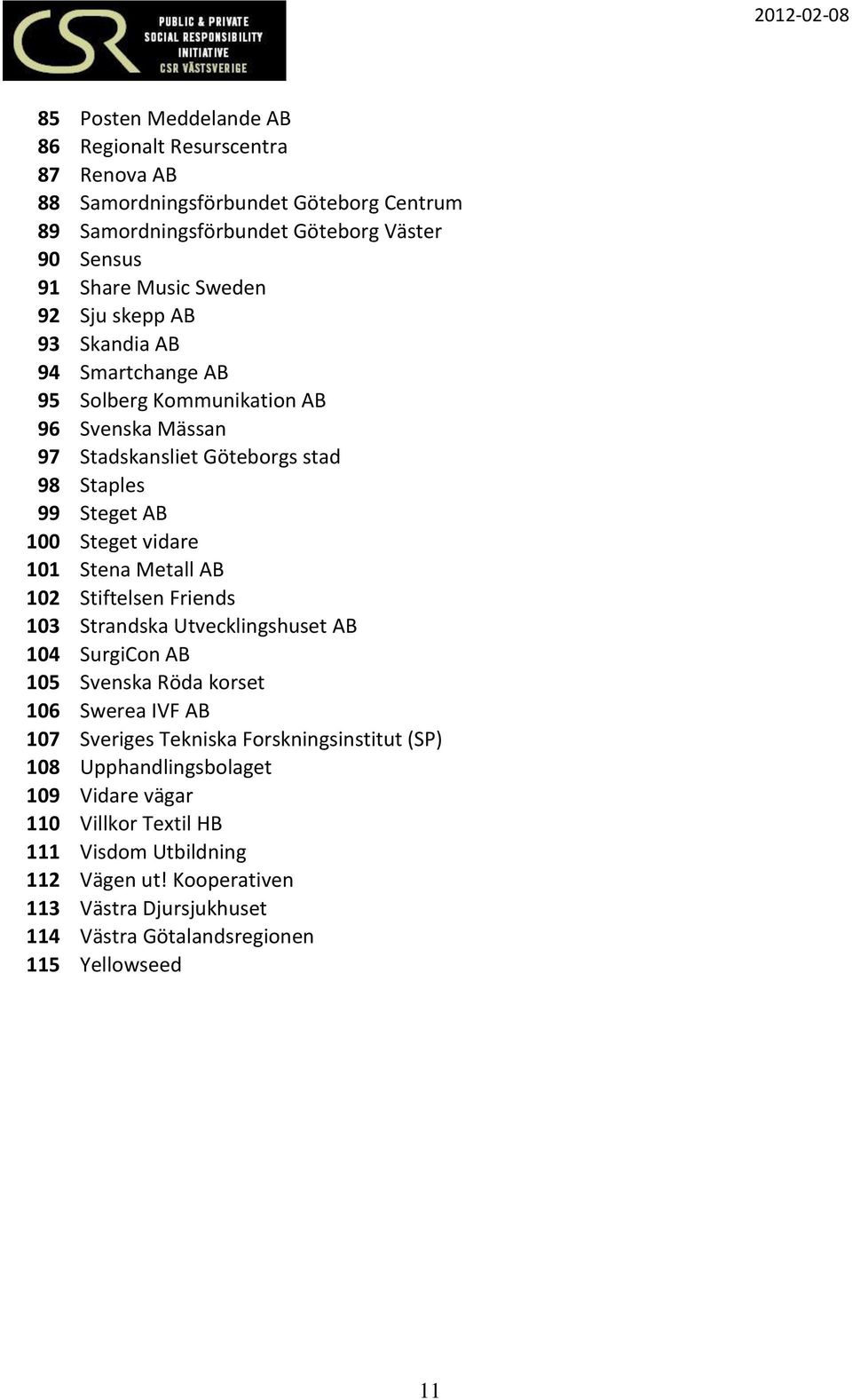 Stena Metall AB 102 Stiftelsen Friends 103 Strandska Utvecklingshuset AB 104 SurgiCon AB 105 Svenska Röda korset 106 Swerea IVF AB 107 Sveriges Tekniska Forskningsinstitut (SP)