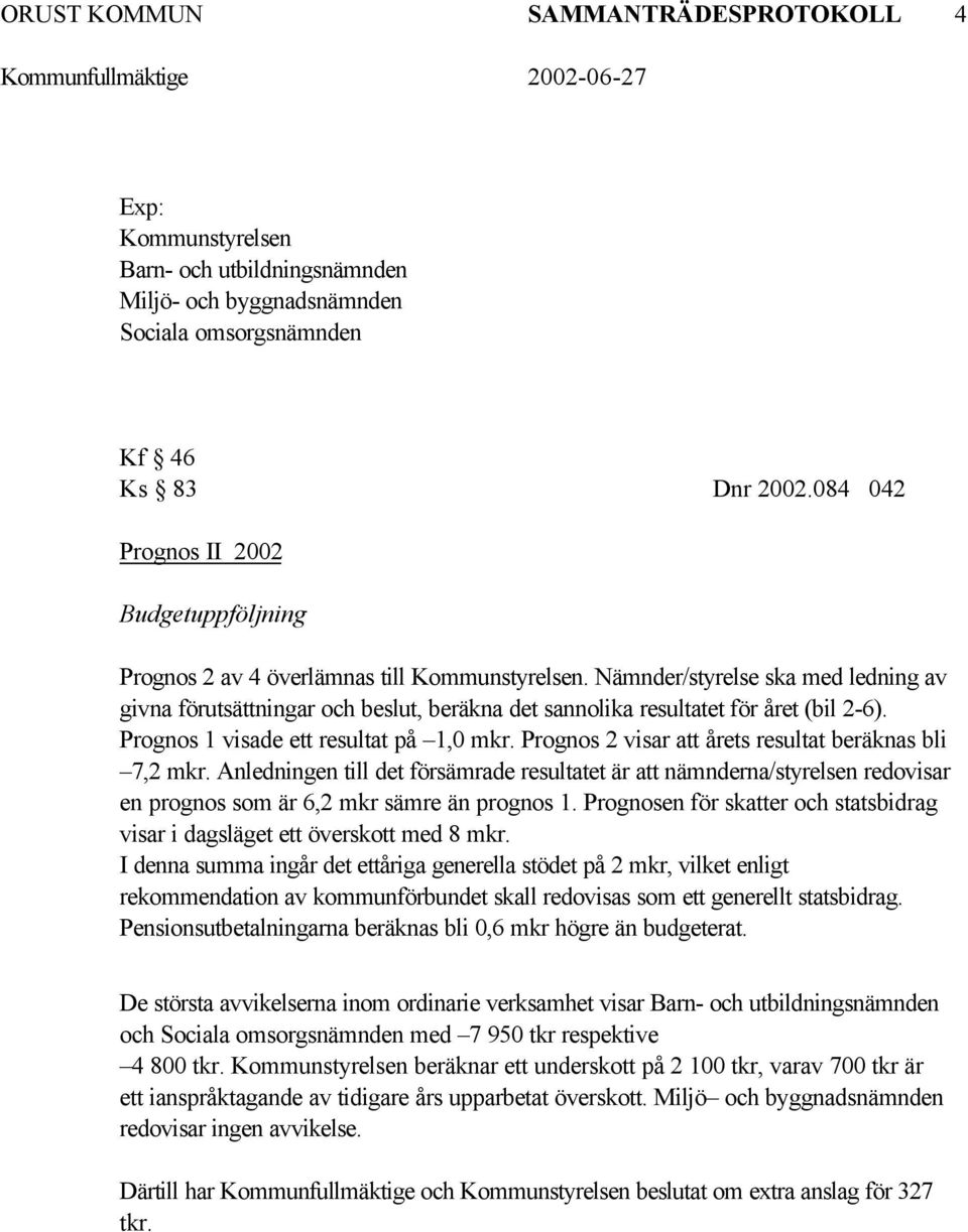 Nämnder/styrelse ska med ledning av givna förutsättningar och beslut, beräkna det sannolika resultatet för året (bil 2-6). Prognos 1 visade ett resultat på 1,0 mkr.