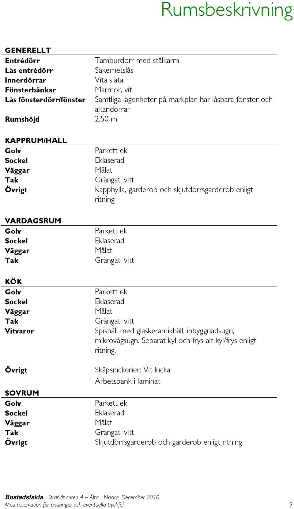 VARDAGSRUM Golv Sockel Väggar Tak Parkett ek Eklaserad Målat Grängat, vitt KÖK Golv Sockel Väggar Tak Vitvaror Övrigt SOVRUM Golv Sockel Väggar Tak Övrigt Parkett ek Eklaserad Målat Grängat, vitt