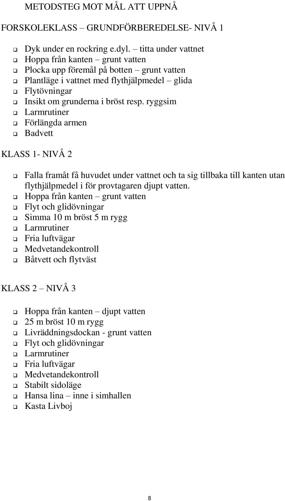 ryggsim Larmrutiner Förlängda armen Badvett KLASS 1- NIVÅ 2 Falla framåt få huvudet under vattnet och ta sig tillbaka till kanten utan flythjälpmedel i för provtagaren djupt vatten.