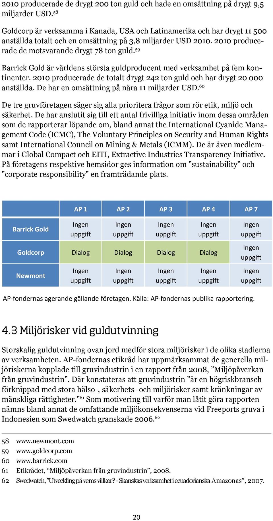 59 Barrick Gold är världens största guldproducent med verksamhet på fem kontinenter. 2010 producerade de totalt drygt 242 ton guld och har drygt 20 000 anställda.