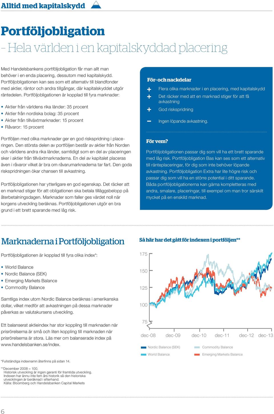 portföljobligationen är kopplad till fyra marknader: aktier från världens rika länder: 35 procent aktier från nordiska bolag: 35 procent aktier från tillväxtmarknader: 15 procent råvaror: 15 procent