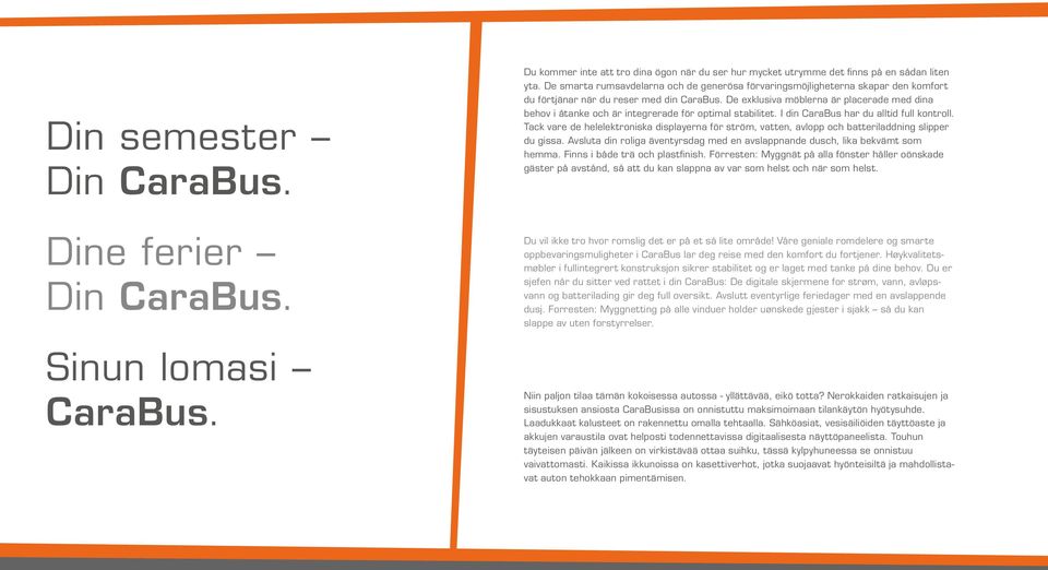 De exklusiva möblerna är placerade med dina behov i åtanke och är integrerade för optimal stabilitet. I din CaraBus har du alltid full kontroll.