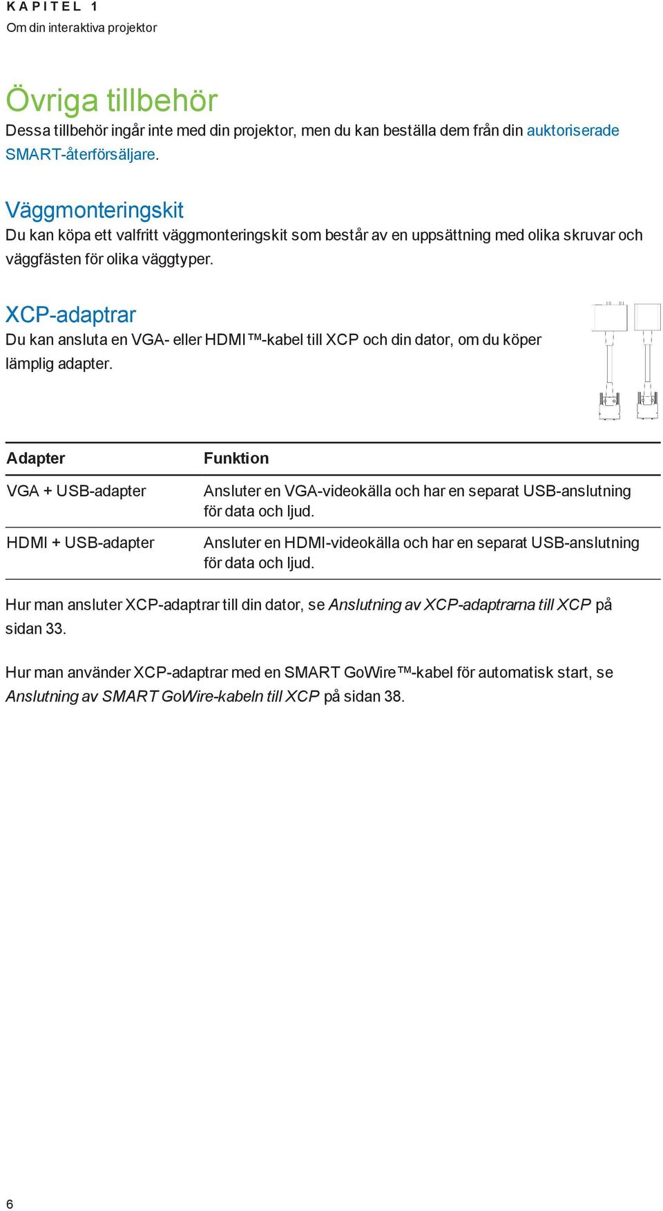 XCP-adaptrar Du kan ansluta en VGA- eller HDMI -kabel till XCP och din dator, om du köper lämplig adapter.