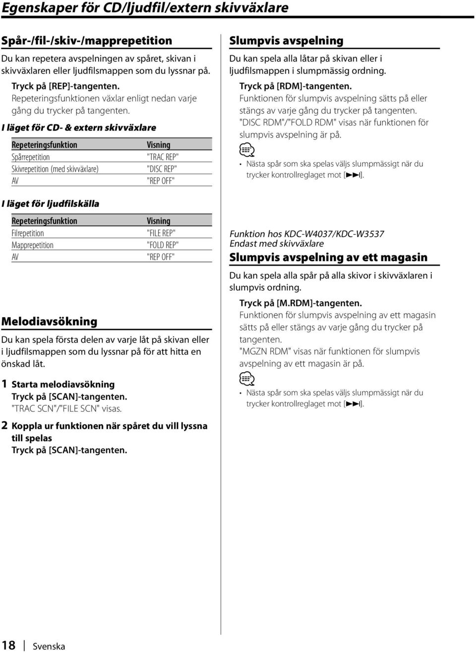 I läget för CD- & extern skivväxlare Repeteringsfunktion Spårrepetition Skivrepetition (med skivväxlare) AV I läget för ljudfilskälla Repeteringsfunktion Filrepetition Mapprepetition AV "TRAC REP"