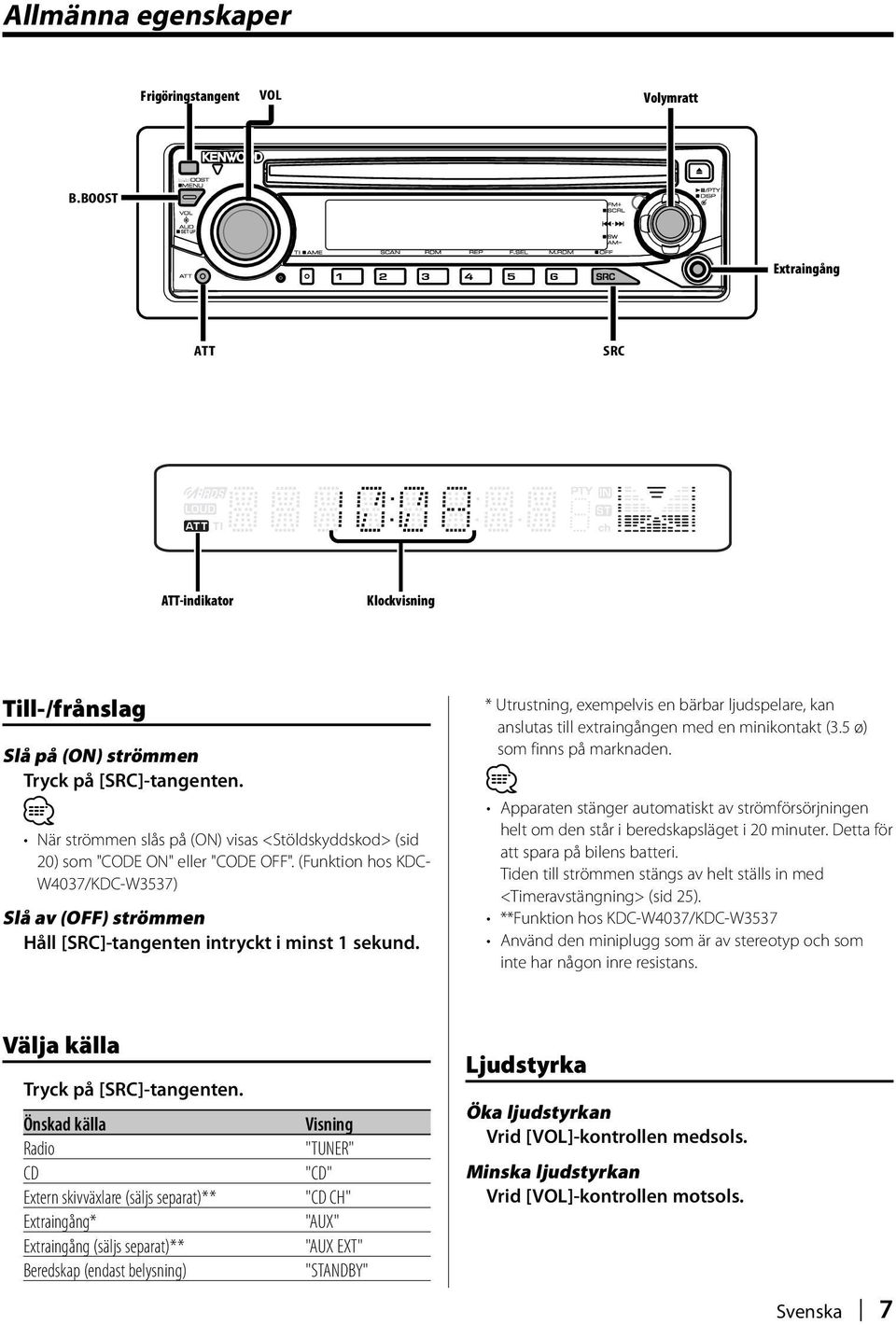 * Utrustning, exempelvis en bärbar ljudspelare, kan anslutas till extraingången med en minikontakt (3.5 ø) som finns på marknaden.