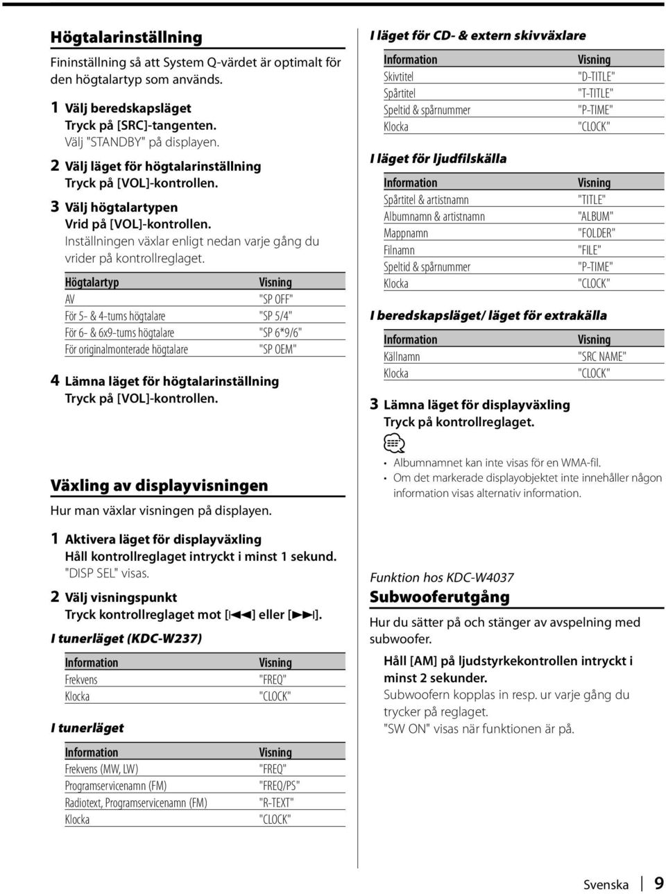 Högtalartyp AV "SP OFF" För 5- & 4-tums högtalare "SP 5/4" För 6- & 6x9-tums högtalare "SP 6*9/6" För originalmonterade högtalare "SP OEM" 4 Lämna läget för högtalarinställning Tryck på