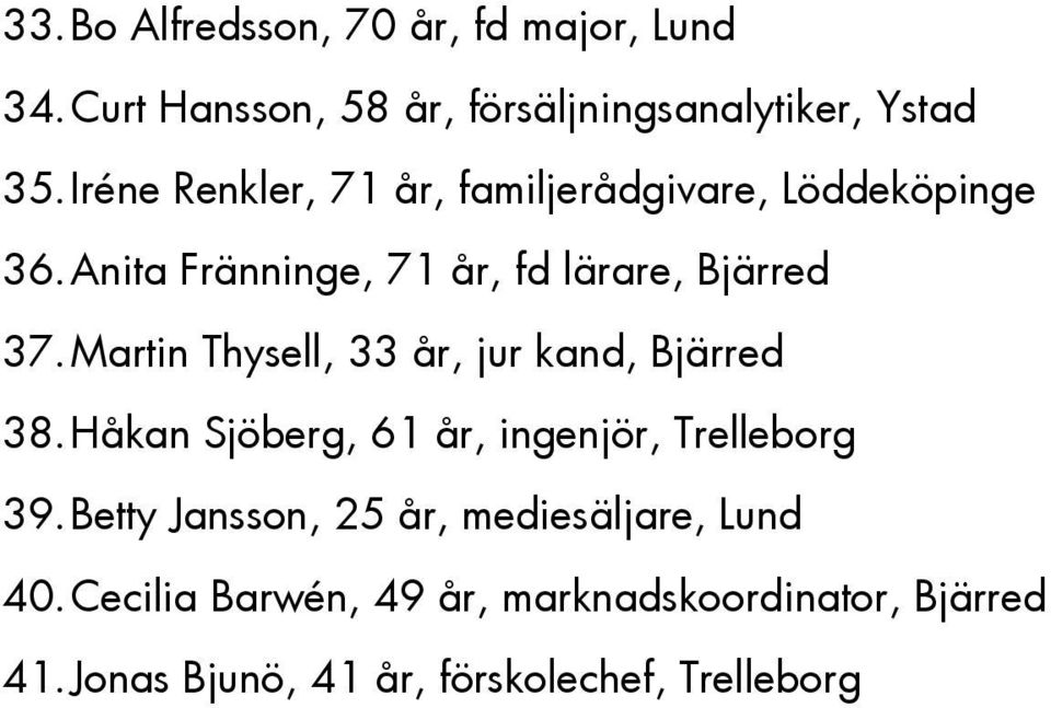 Martin Thysell, 33 år, jur kand, Bjärred 38. Håkan Sjöberg, 61 år, ingenjör, Trelleborg 39.