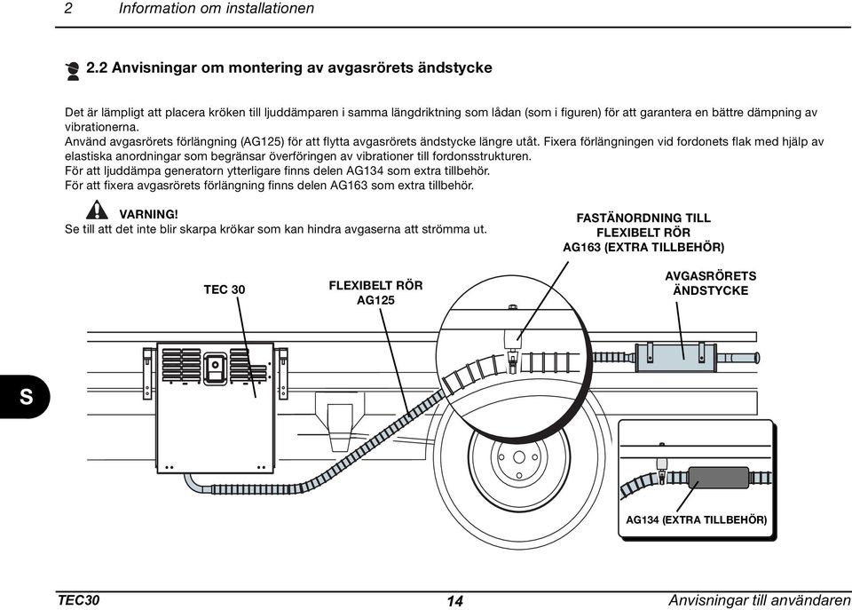 vibrationerna. Använd avgasrörets förlängning (AG125) för att flytta avgasrörets ändstycke längre utåt.