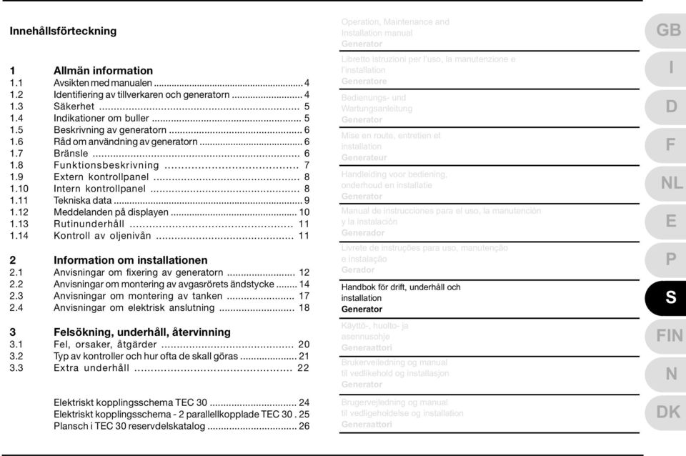 12 Meddelanden på displayen... 10 1.13 Rutinunderhåll... 11 1.14 Kontroll av oljenivån... 11 2 Information om installationen 2.1 Anvisningar om fixering av generatorn... 12 2.