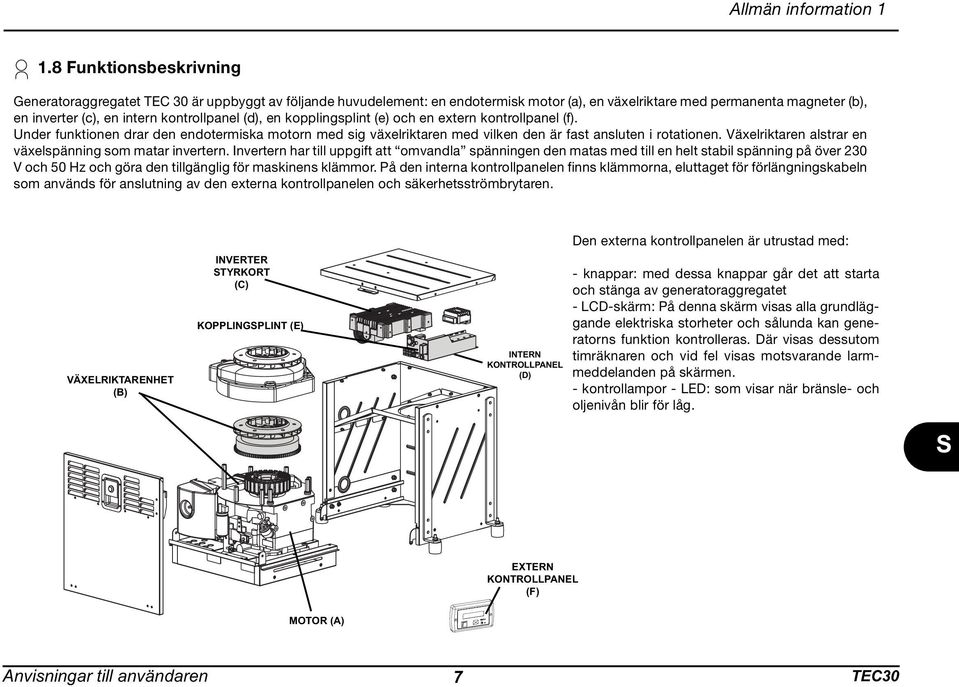 (d), en kopplingsplint (e) och en extern kontrollpanel (f). Under funktionen drar den endotermiska motorn med sig växelriktaren med vilken den är fast ansluten i rotationen.