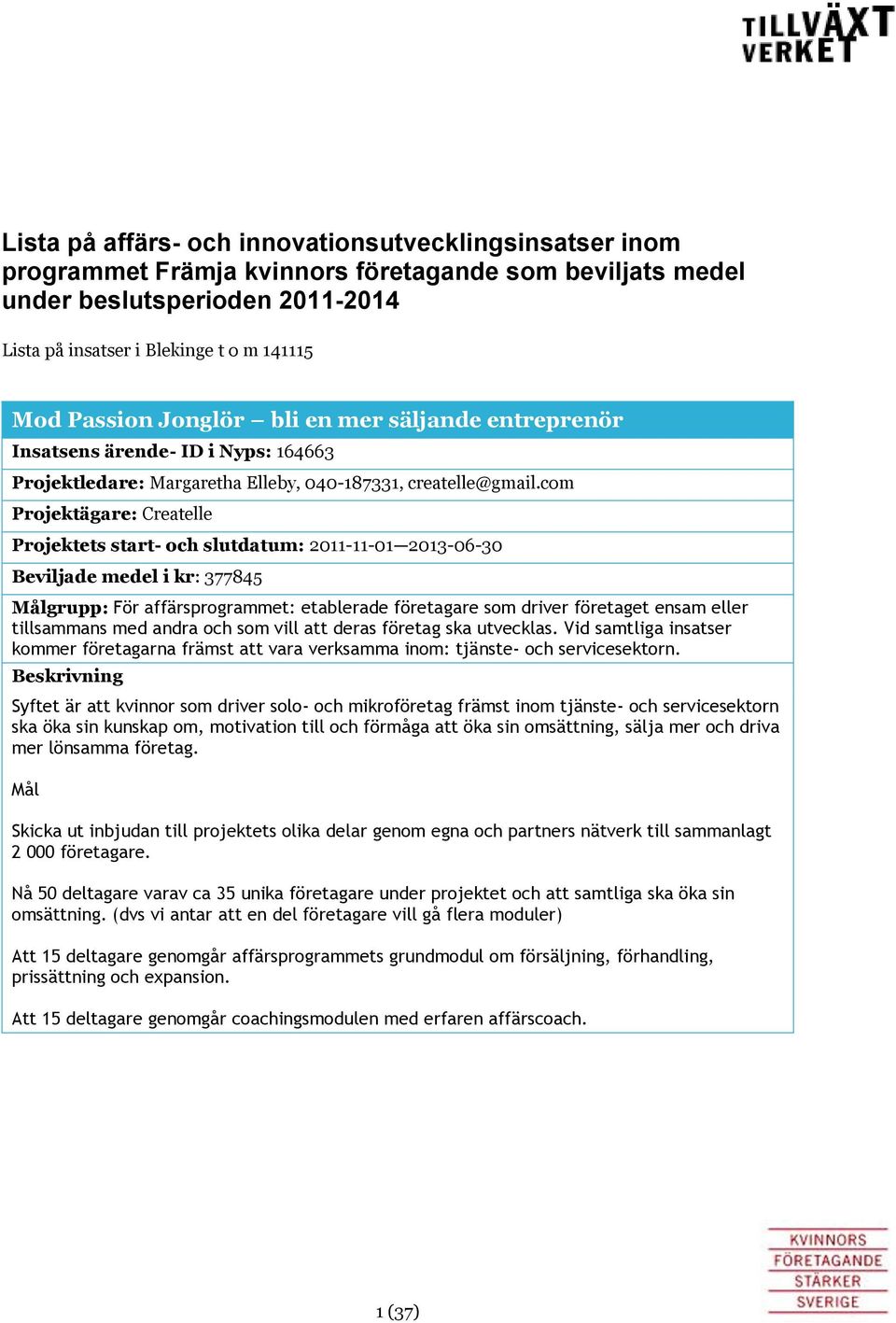 com Projektägare: Createlle Projektets start- och slutdatum: 2011-11-01 2013-06-30 Beviljade medel i kr: 377845 Målgrupp: För affärsprogrammet: etablerade företagare som driver företaget ensam eller