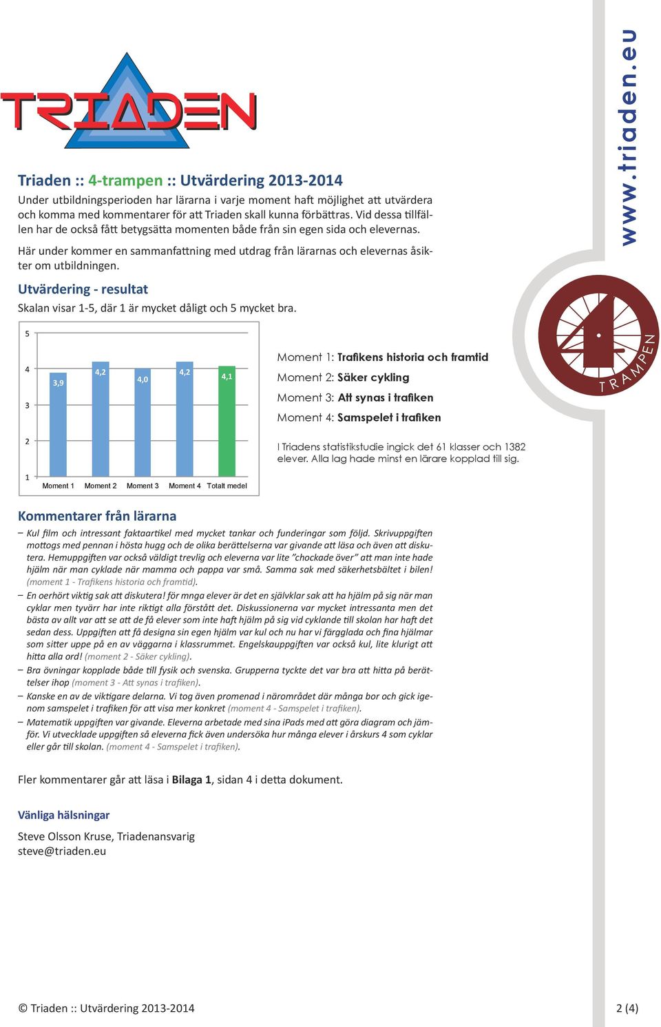 5 4 3 3,9 4,2 4,0 4,2 4,1 Moment 1: Trafikens historia och framtid Moment 2: Säker cykling Moment 3: Att synas i trafiken Moment 4: Samspelet i trafiken 2 I Triadens statistikstudie ingick det 61