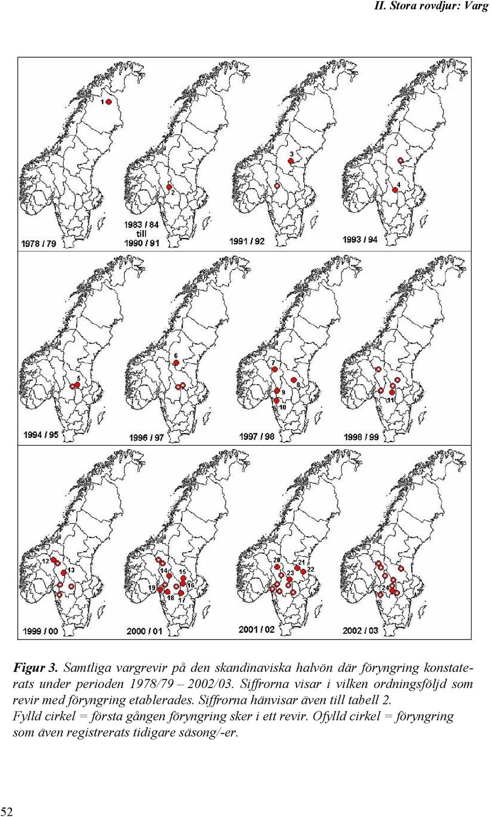 1978/79 2002/03. Siffrorna visar i vilken ordningsföljd som revir med föryngring etablerades.