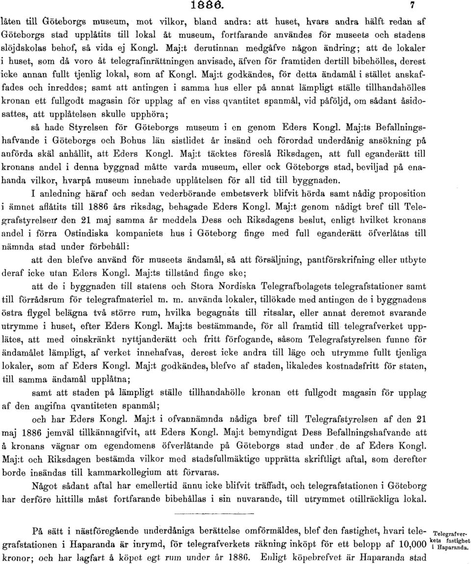 Maj:t derutinnan medgåfve någon ändring; att de lokaler i huset, som då voro åt telegrafinrättningen anvisade, äfven för framtiden dertill bibehölles, derest icke annan fullt tjenlig lokal, som af