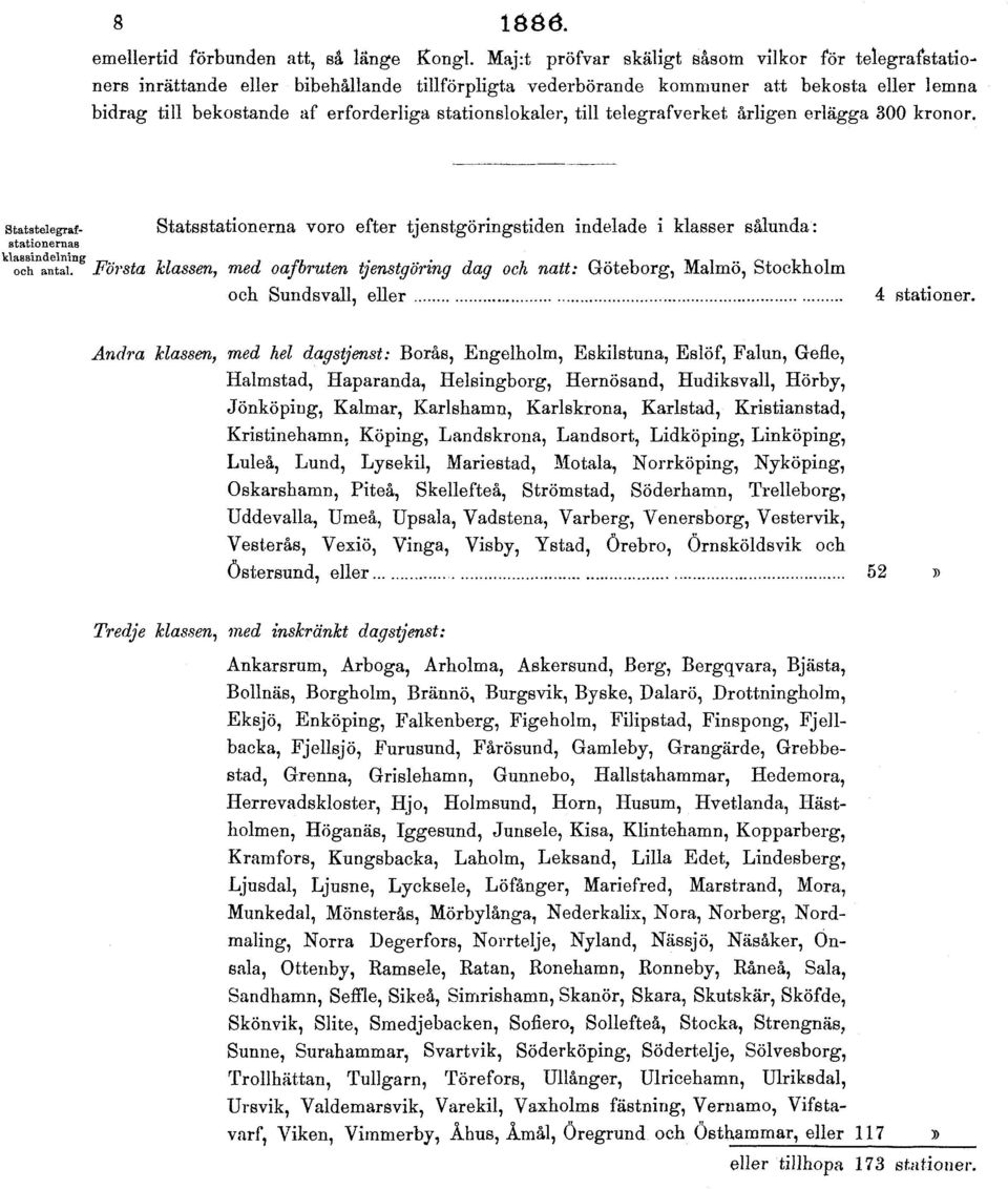 stationslokaler, till telegrafverket årligen erlägga 300 kronor. Statatelegrafstationernas klassindelning och antal.