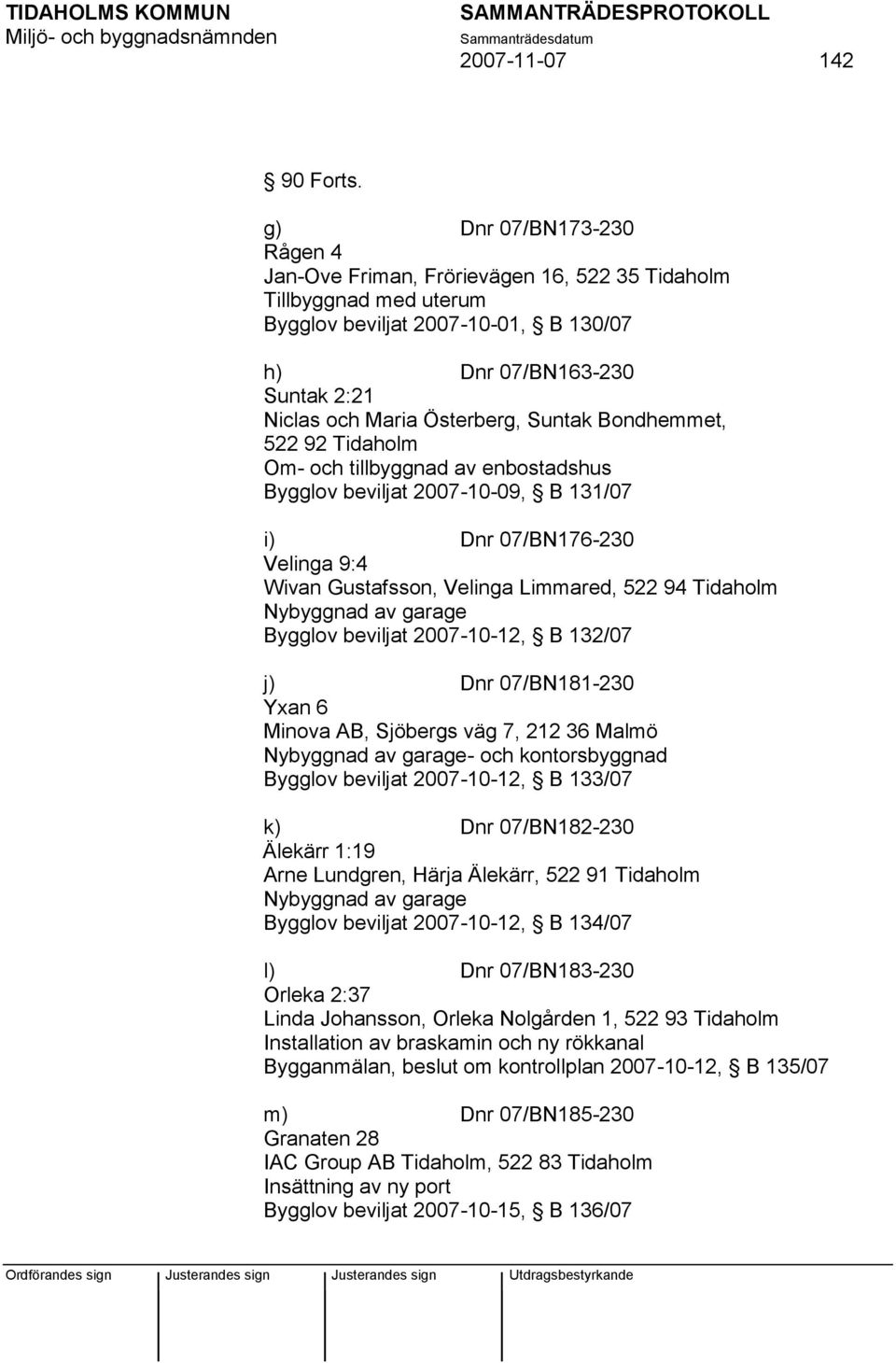 Suntak Bondhemmet, 522 92 Tidaholm Om- och tillbyggnad av enbostadshus Bygglov beviljat 2007-10-09, B 131/07 i) Dnr 07/BN176-230 Velinga 9:4 Wivan Gustafsson, Velinga Limmared, 522 94 Tidaholm