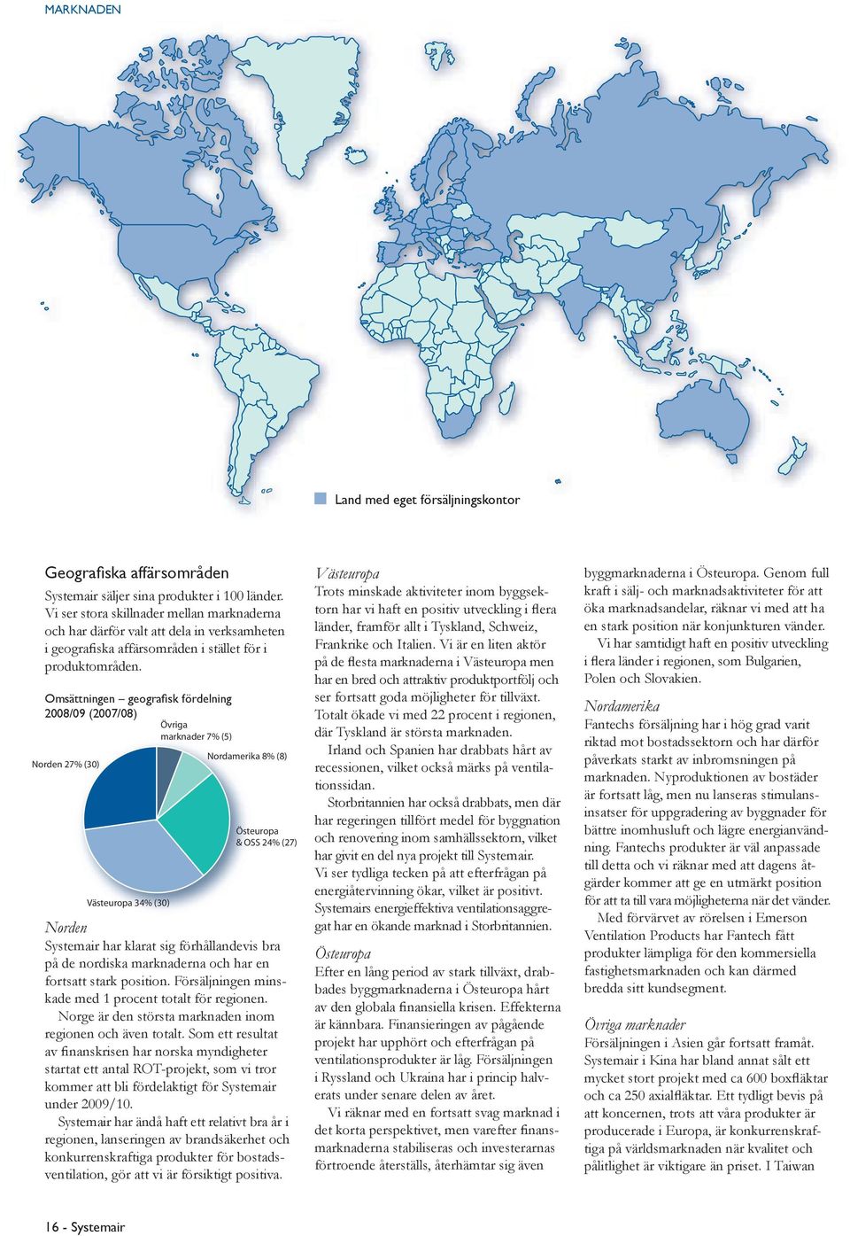 Omsättningen geografisk fördelning 2008/09 (2007/08) Övriga marknader 7% (5) Norden 27% (30) Västeuropa 34% (30) Nordamerika 8% (8) Östeuropa & OSS 24% (27) Norden Systemair har klarat sig