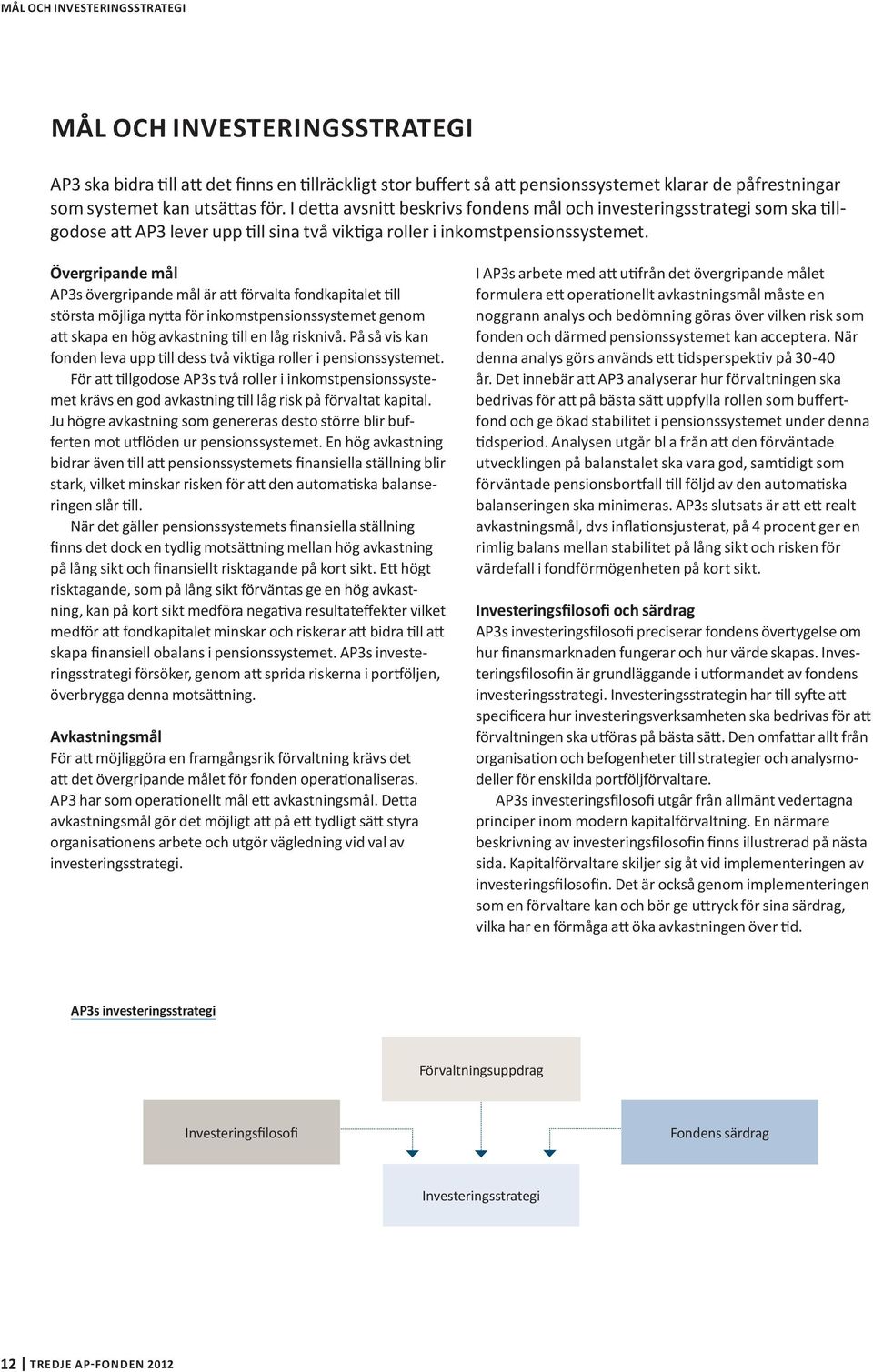 Övergripande mål AP3s övergripande mål är att förvalta fondkapitalet till största möjliga nytta för inkomstpensionssystemet genom att skapa en hög avkastning till en låg risknivå.