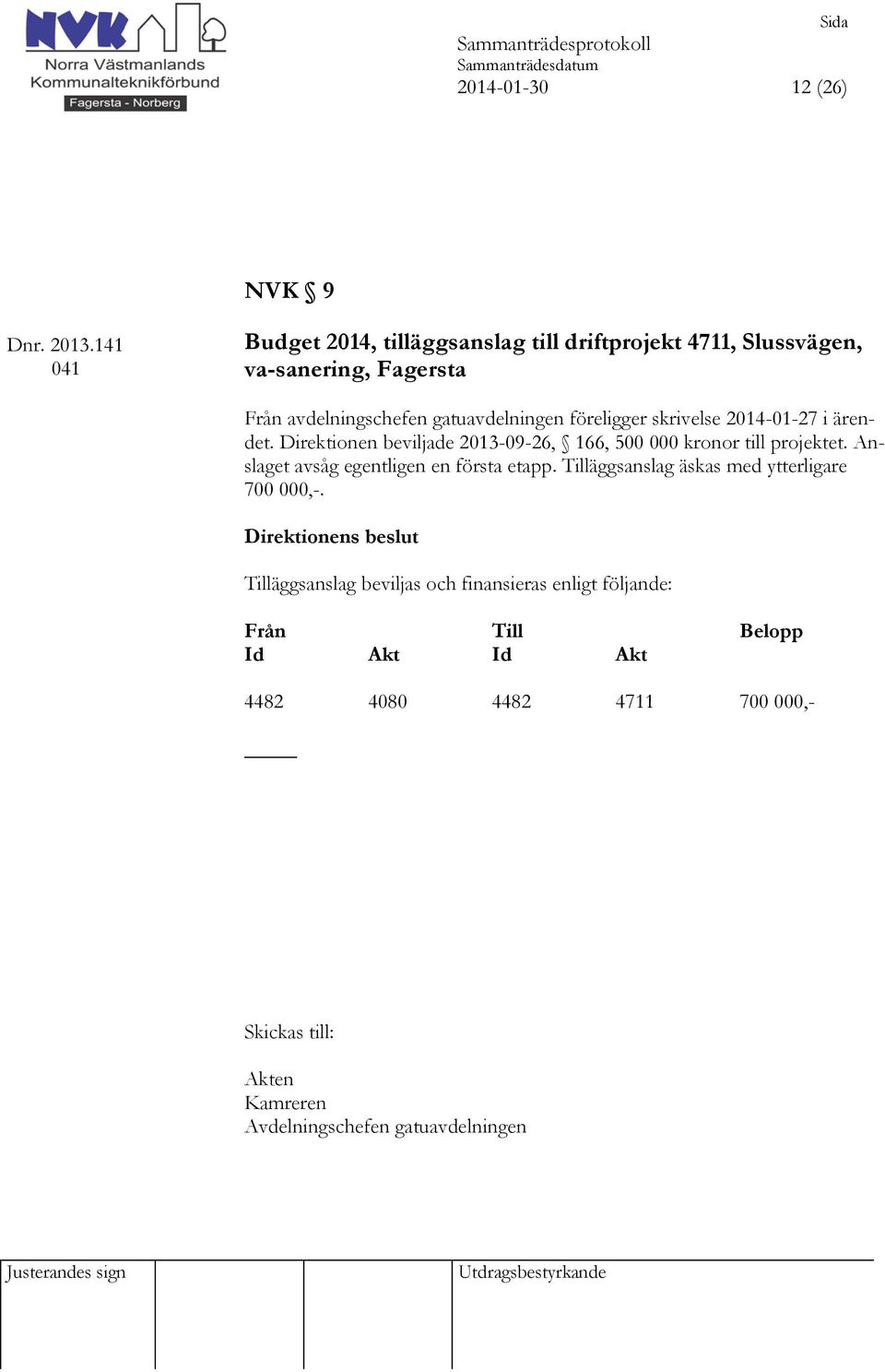 föreligger skrivelse 2014-01-27 i ärendet. Direktionen beviljade 2013-09-26, 166, 500 000 kronor till projektet.