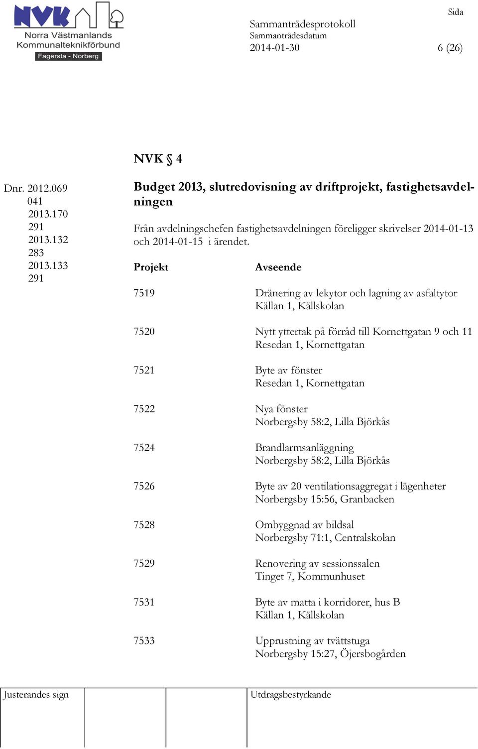 Projekt Avseende 7519 Dränering av lekytor och lagning av asfaltytor Källan 1, Källskolan 7520 Nytt yttertak på förråd till Kornettgatan 9 och 11 Resedan 1, Kornettgatan 7521 Byte av fönster Resedan