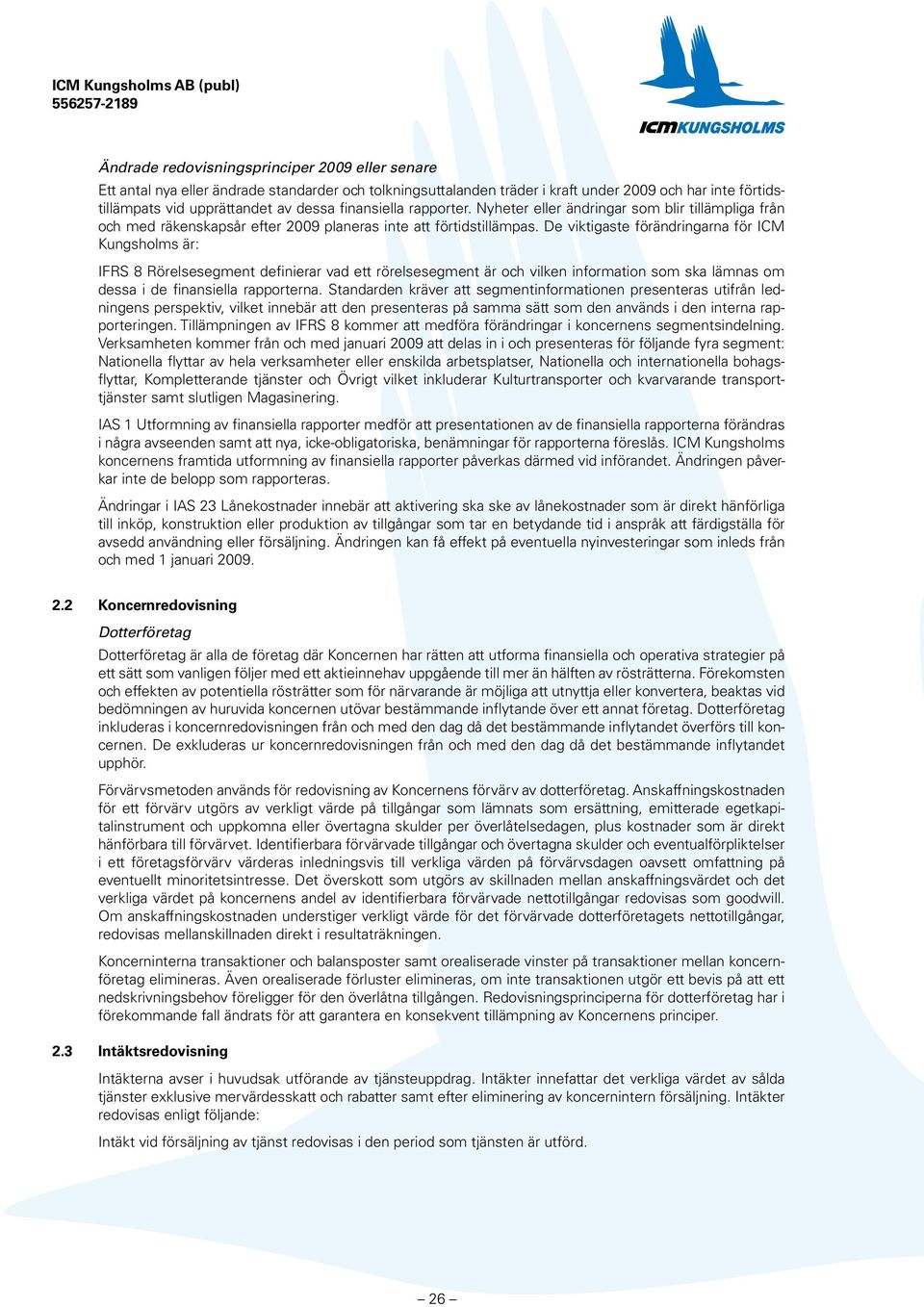 De viktigaste förändringarna för ICM Kungsholms är: IFRS 8 Rörelsesegment definierar vad ett rörelsesegment är och vilken information som ska lämnas om dessa i de finansiella rapporterna.