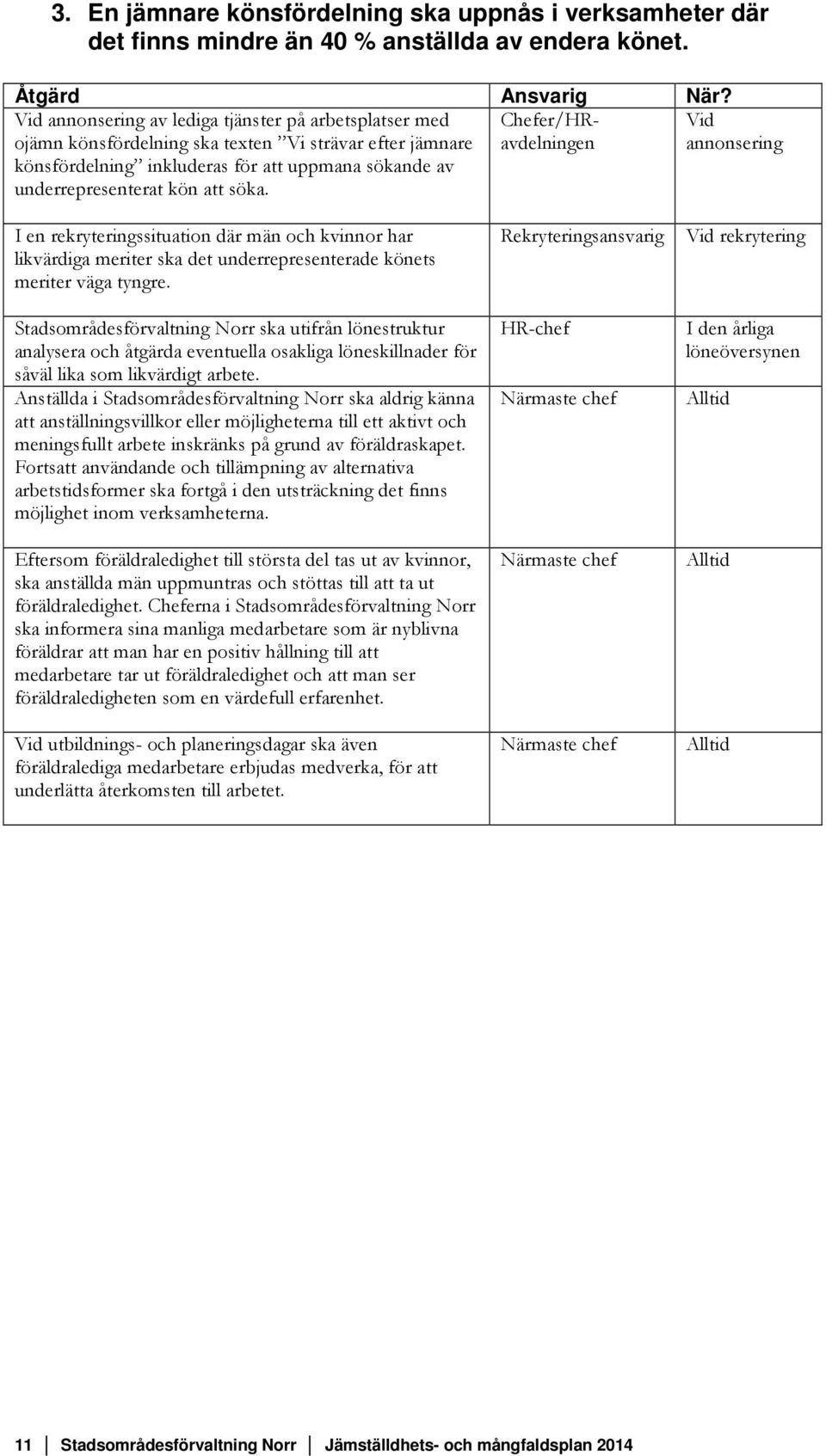 Chefer/HRavdelningen Vid annonsering I en rekryteringssituation där män och kvinnor har likvärdiga meriter ska det underrepresenterade könets meriter väga tyngre.