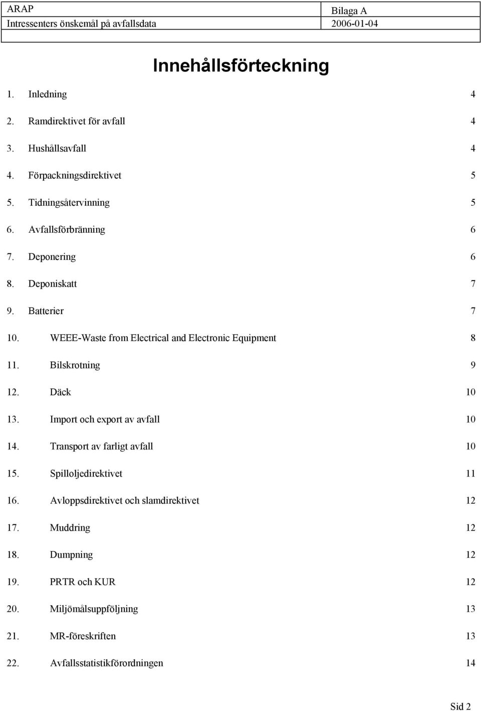 WEEE-Waste from Electrical and Electronic Equipment 8 11. Bilskrotning 9 12. Däck 10 13. Import och export av avfall 10 14. Transport av farligt avfall 10 15.